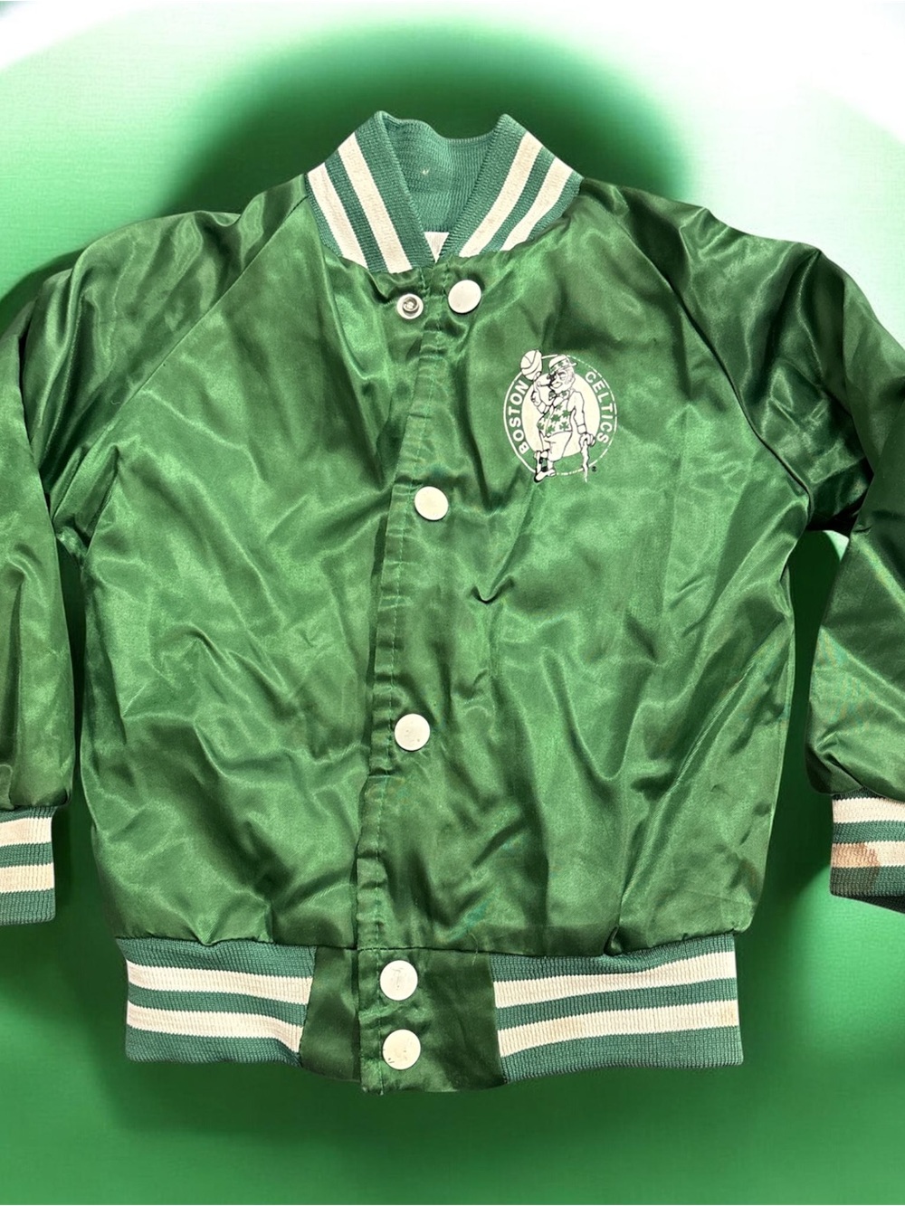 Vintage 80's kids Celtics Chalkline Satin NBA Finals Bomber Jacket